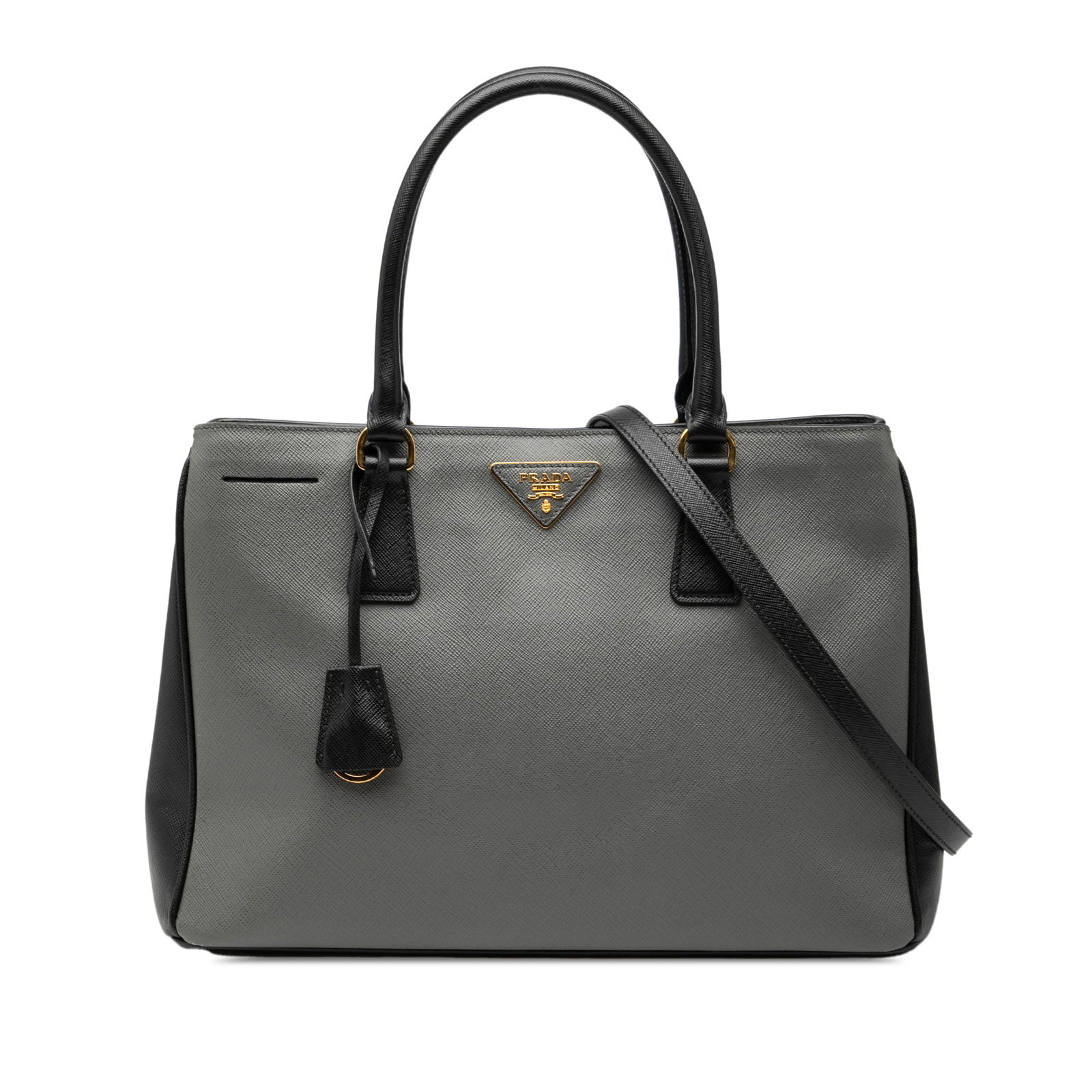 Prada Saffiano Leather Medium Galleria Bicolor Satchel with Shoulder Strap: Prada Saffiano Leather Medium Galleria Bicolor Satchel with Shoulder Strap This Prada Medium Bicolor Saffiano Lux Galleria Satchel is crafted from saffiano leather and features rolled leather handles