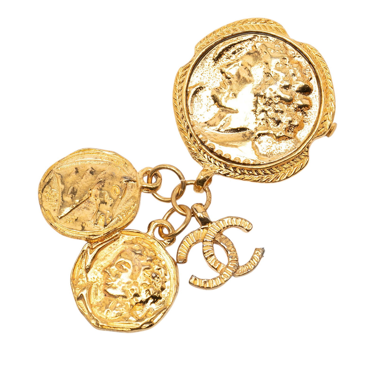 Chanel Gold Tone CC Coin Charm Metal Brooch: Chanel Gold Tone CC Coin Charm Metal Brooch This Chanel brooch features a gold-tone metal body with a coin charm design and a back pin closure. It is categorized as costume jewelry and was crafted in
