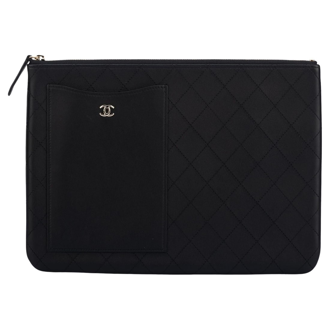 Chanel Collection 28 Black Lambskin Quilted Clutch with Gold Hardware: Chanel Collection 28 Black Lambskin Quilted Clutch with Gold Hardware This exquisite Chanel clutch showcases a timeless design in luxurious black lambskin quilted leather. It features elegant gold ton