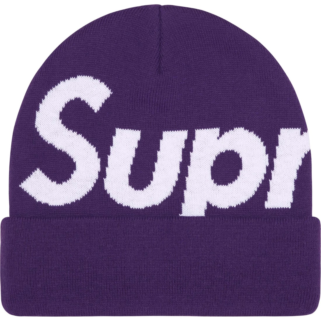 Purple Knit Beanie Featuring Large Supreme Branding: Purple Knit Beanie Featuring Large Supreme Branding The Supreme Big Logo Purple Beanie features a bold Supreme logo and a vibrant purple colorway. Made from premium knit material, this beanie offers w