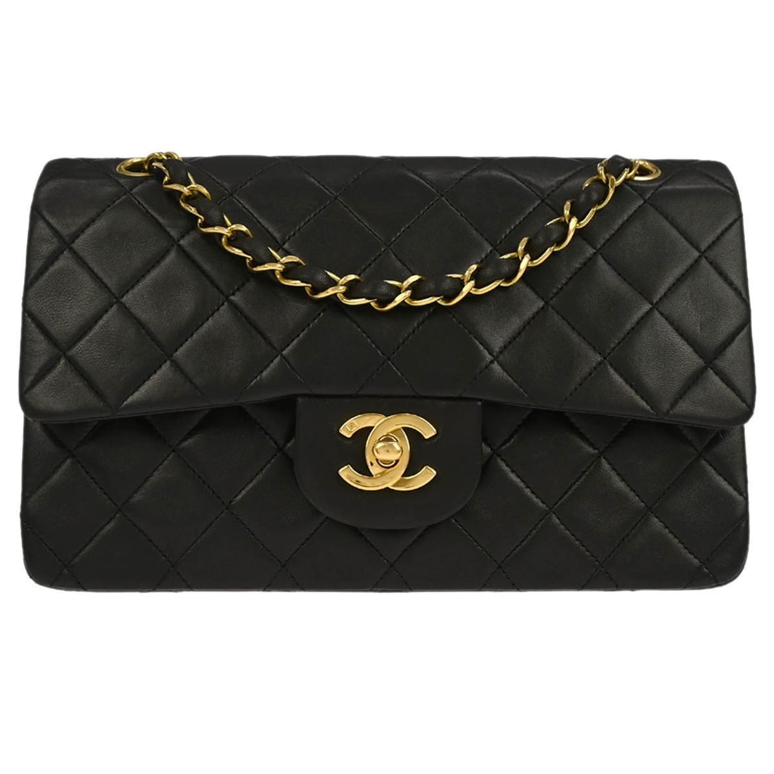 Small Classic Double Flap Black Lambskin Shoulder Bag by Chanel: Small Classic Double Flap Black Lambskin Shoulder Bag by Chanel This Chanel Classic Double Flap shoulder bag is crafted from black lambskin leather in the iconic Matelasse pattern. The bag features a