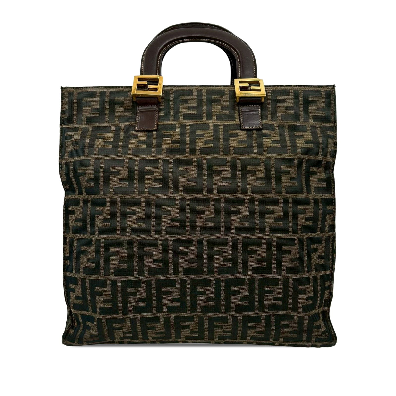 Fendi Twins Tote Brown Fabric with Leather Handles: Fendi Twins Tote Brown Fabric with Leather Handles The Fendi Zucca Canvas Twins Tote features a brown canvas body with the iconic Zucca motif, complemented by flat leather handles. It has an open top
