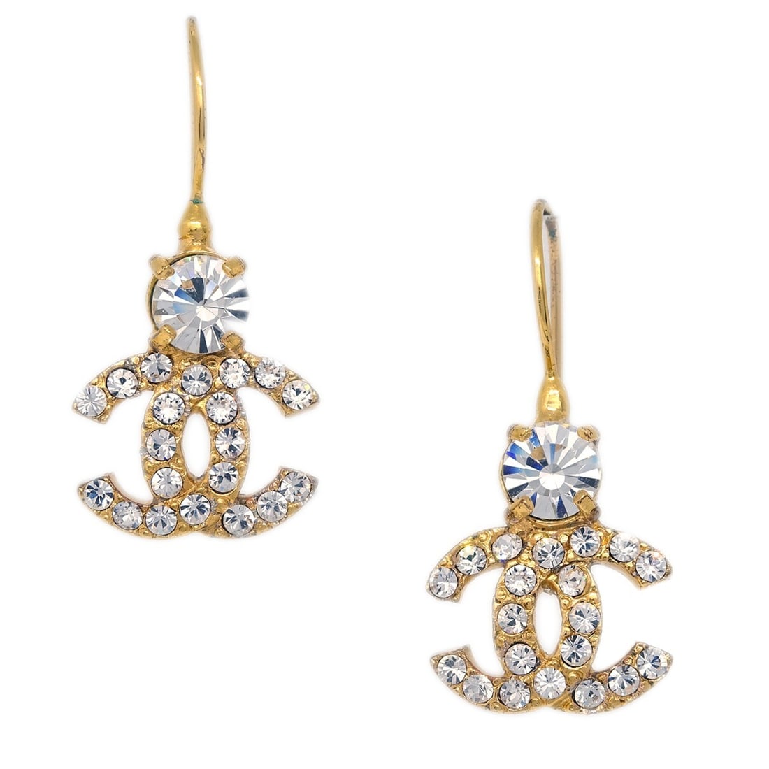 Chanel Gold-Plated Rhinestone Pierced Earrings with Screw Back: Chanel Gold-Plated Rhinestone Pierced Earrings with Screw Back Elevate your accessory collection with these exquisite Chanel pierced earrings. Crafted with a stunning gold-plated finish and embellishe