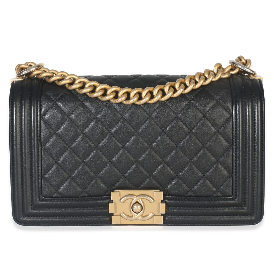 Chanel Old Medium Boy Shoulder Bag Black Quilted Lambskin with Gold-Tone Hardware: Chanel Old Medium Boy Shoulder Bag Black Quilted Lambskin with Gold-Tone Hardware This Chanel Old Medium Boy Bag features a classic black quilted lambskin leather exterior with gold-tone hardware. The