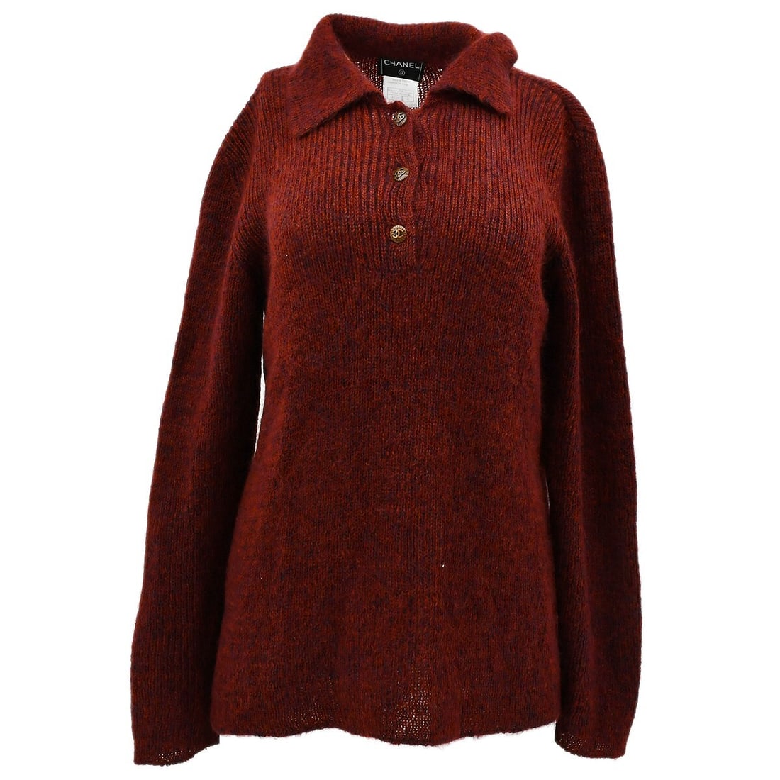 Chanel Brown Knit Sweater Top Long Sleeve Collared 70% Mohair 38: Chanel Brown Knit Sweater Top Long Sleeve Collared 70% Mohair 38 Elevate your casual wardrobe with this chic Chanel sweater top in a rich brown hue. Designed with long sleeves and a collared neckline,