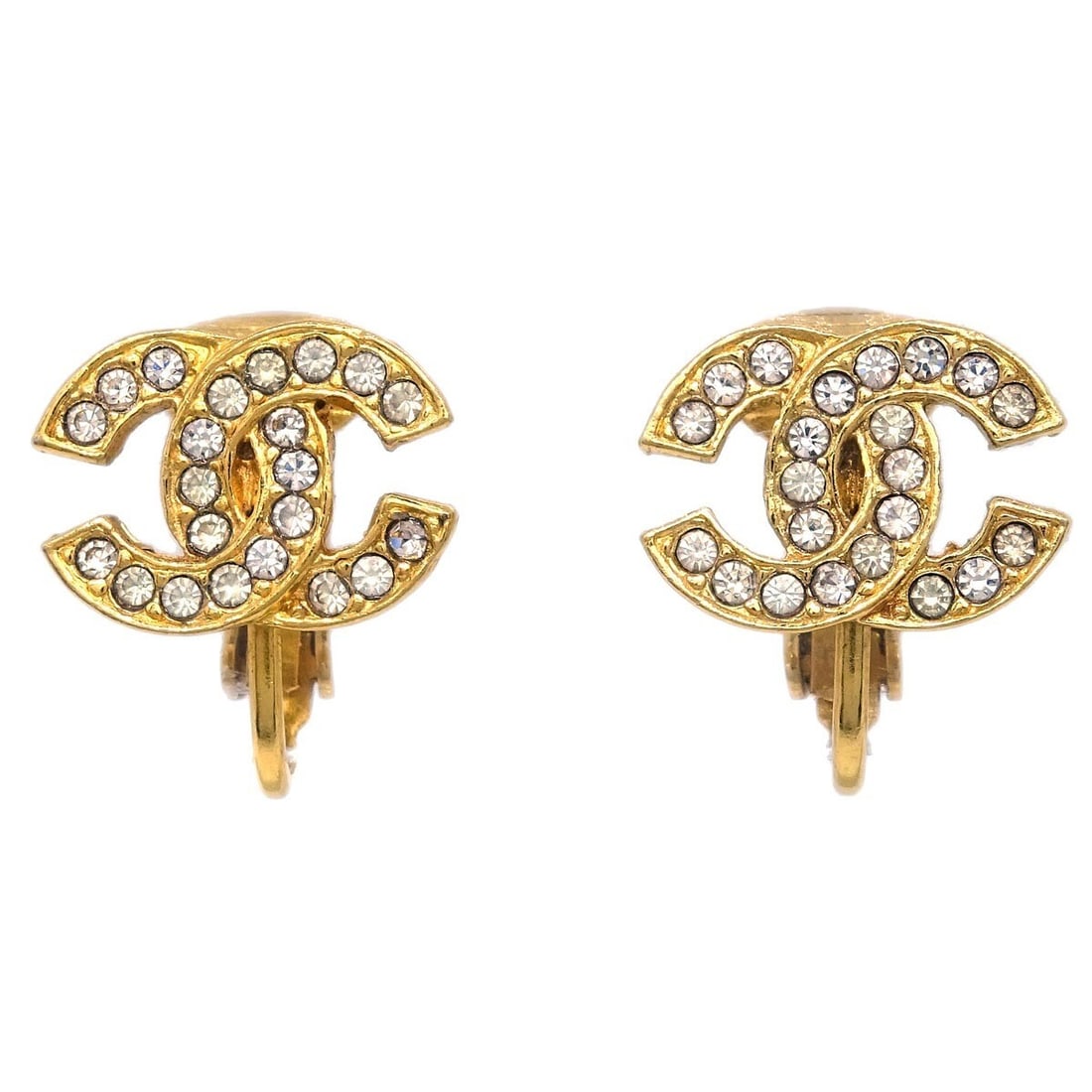 Chanel Gold Plated CC Logo Clip-On Earrings with Rhinestones: Chanel Gold Plated CC Logo Clip-On Earrings with Rhinestones Elevate your accessory collection with these stunning Chanel Gold CC Clip-On Earrings. Featuring the iconic CC logo design, these earrings