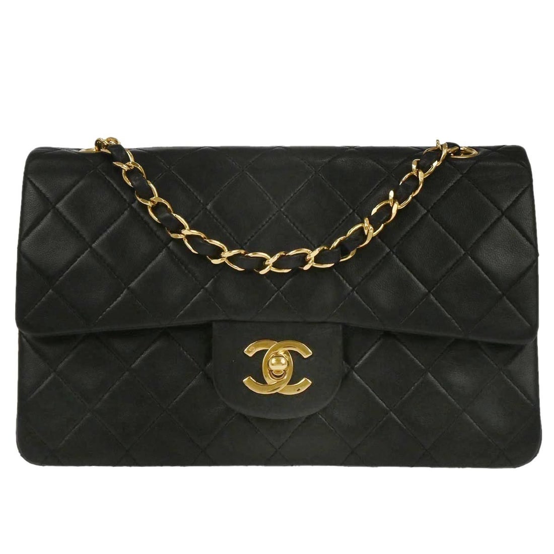 Small Classic Double Flap Shoulder Bag in Black Lambskin by Chanel: Small Classic Double Flap Shoulder Bag in Black Lambskin by Chanel This Chanel Classic Double Flap Shoulder Bag is crafted from black lambskin leather with a matelasse pattern. Featuring a flap turnlo