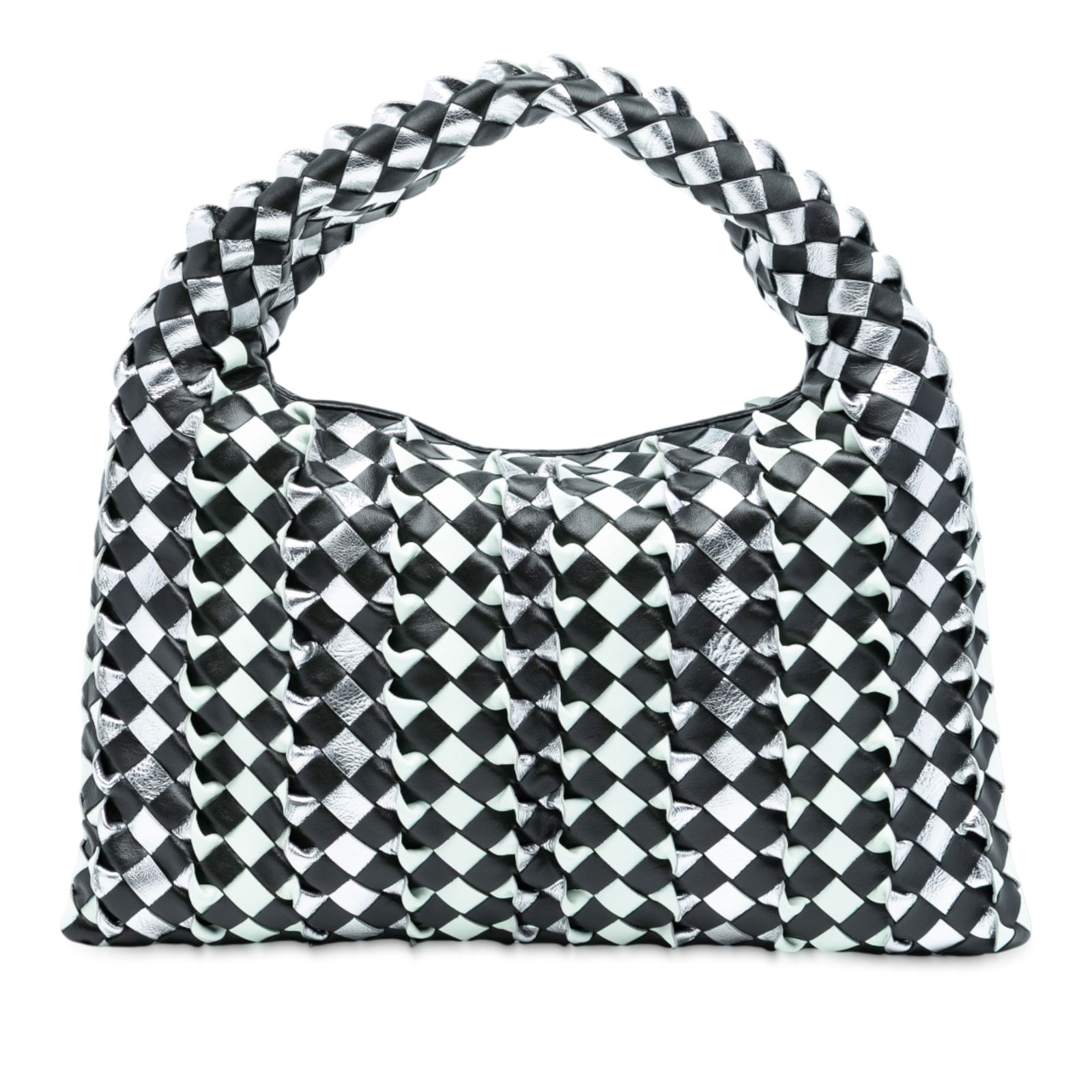 Small Intrecciato Hop Hobo Leather Bag by Bottega Veneta: Small Intrecciato Hop Hobo Leather Bag by Bottega Veneta This Bottega Veneta Small Bicolor Calfskin Intrecciato Hop Hobo bag features a signature woven leather design, a single strap, a top zip closur