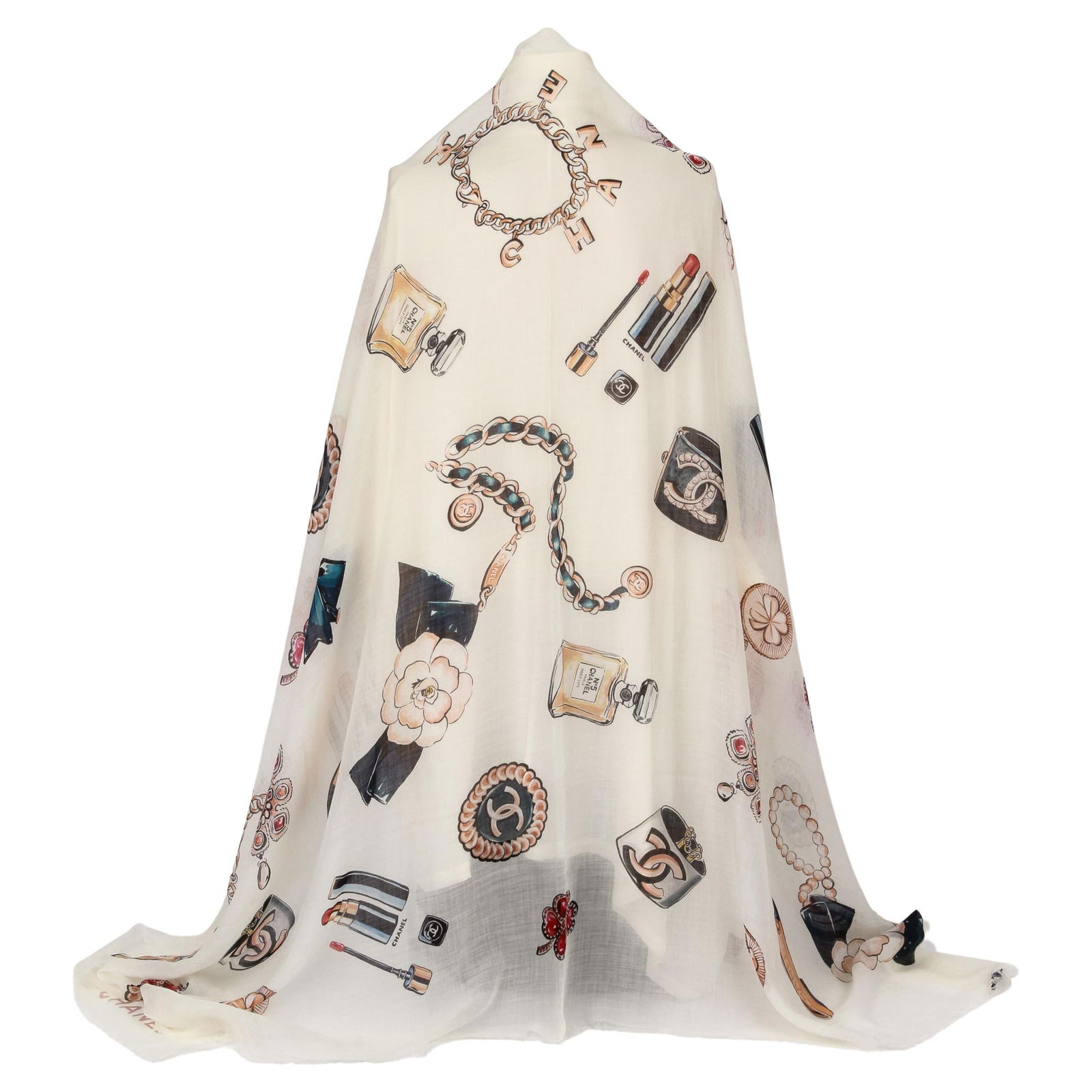 Chanel White Cashmere Gripoix XL Shawl 74x52 France: Chanel White Cashmere Gripoix XL Shawl 74x52 France Elevate your wardrobe with this stunning Chanel XL shawl, crafted from luxurious white cashmere. This iconic piece features a distinctive Gripoix de