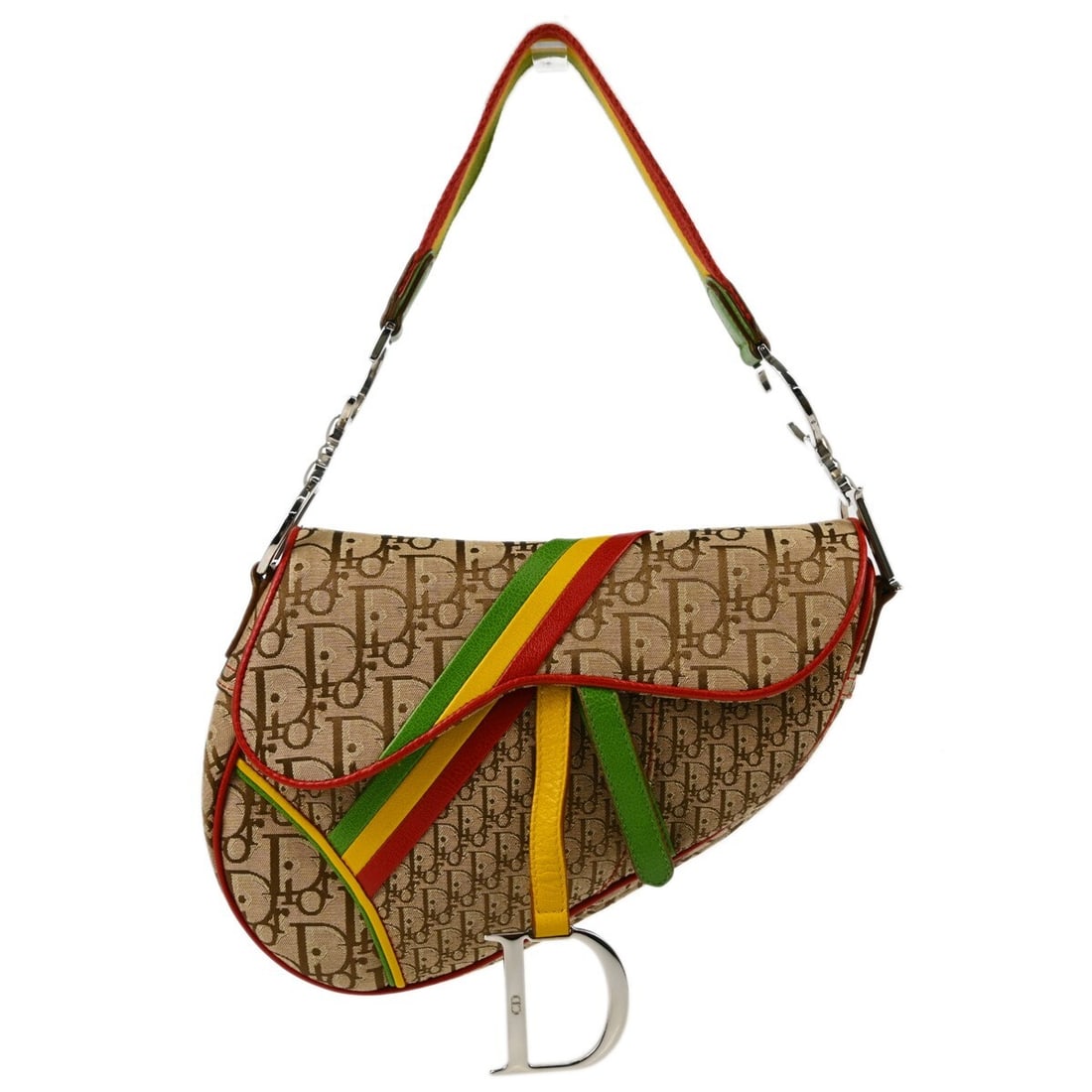 Christian Dior Rasta-Color Saddle Handbag 10 x 8 Canvas Leather: Christian Dior Rasta-Color Saddle Handbag 10 x 8 Canvas Leather The Christian Dior Rasta-Color Trotter Saddle Handbag is a stylish medium-sized accessory, featuring a unique blend of beige, red, yello