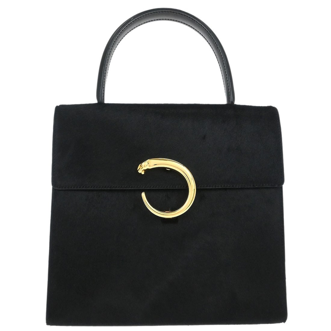 Cartier Panthere Small Black Leather Pony Hair Top Handle Bag: Cartier Panthere Small Black Leather Pony Hair Top Handle Bag This Cartier Panthere handbag features a black pony hair and leather exterior with a top handle design. The bag is a small size and includ