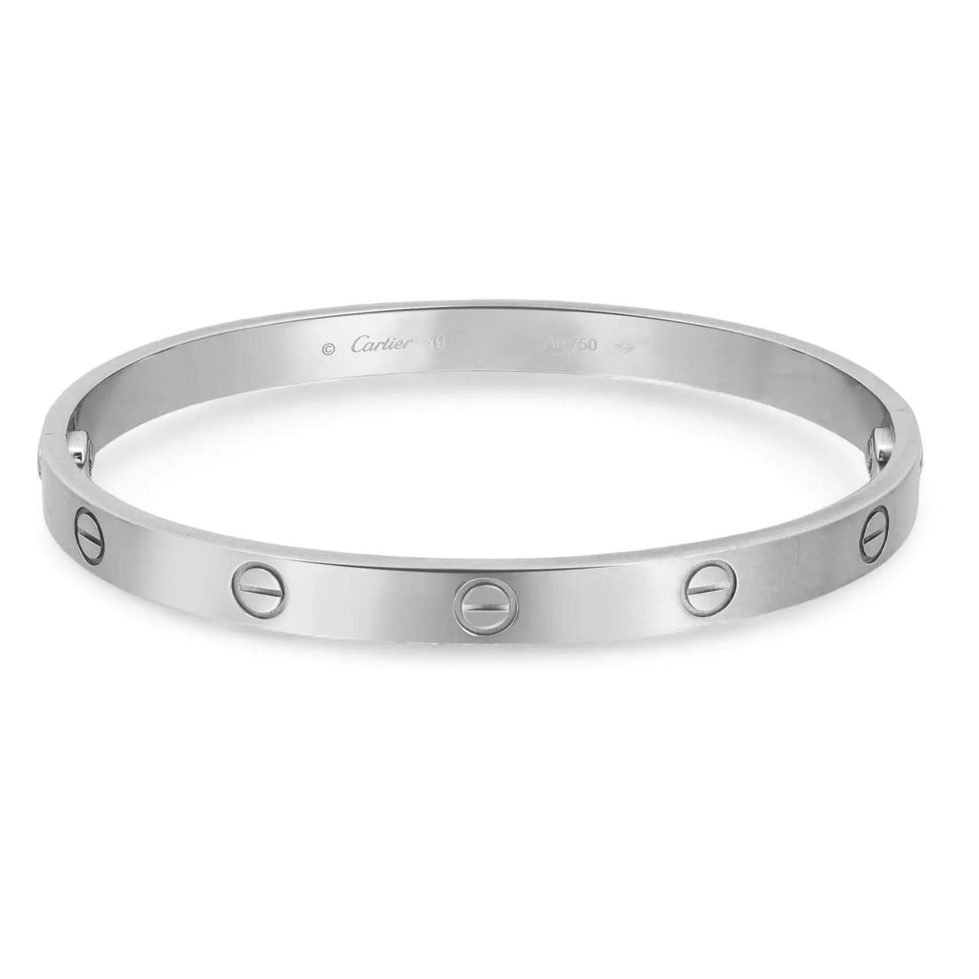 Cartier Love Bracelet Classic 18K White Gold Size 19 Engraved: Cartier Love Bracelet Classic 18K White Gold Size 19 Engraved Experience the luxurious allure of the Cartier Love Bracelet, a classic model crafted from 18K white gold. This elegant bangle showcases a