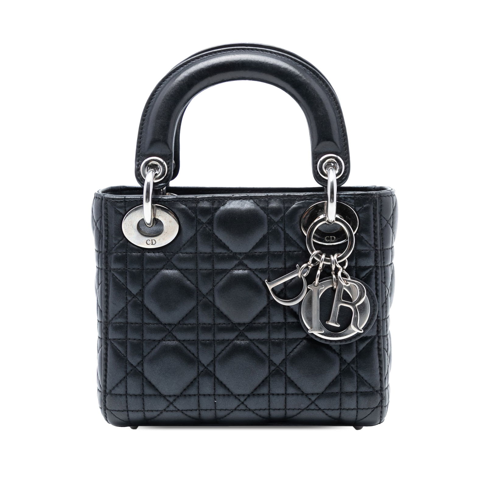 Dior Lady Dior Mini Bag in Iridescent Quilted Lambskin Leather: Dior Lady Dior Mini Bag in Iridescent Quilted Lambskin Leather This Lady Dior handbag features an iridescent quilted lambskin leather body in black, flat leather top handles, a detachable chain link s