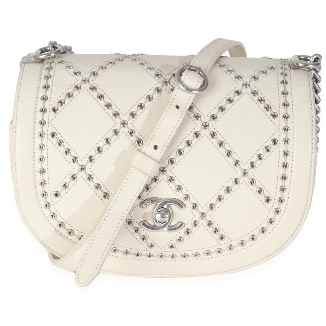 Chanel Coco Eyelets Small Flap Bag Ivory Calfskin 2018: Chanel Coco Eyelets Small Flap Bag Ivory Calfskin 2018 Introducing the Chanel Ivory Calfskin Coco Eyelets Small Flap Bag, a luxurious handbag that combines elegance with functionality. Crafted from pr