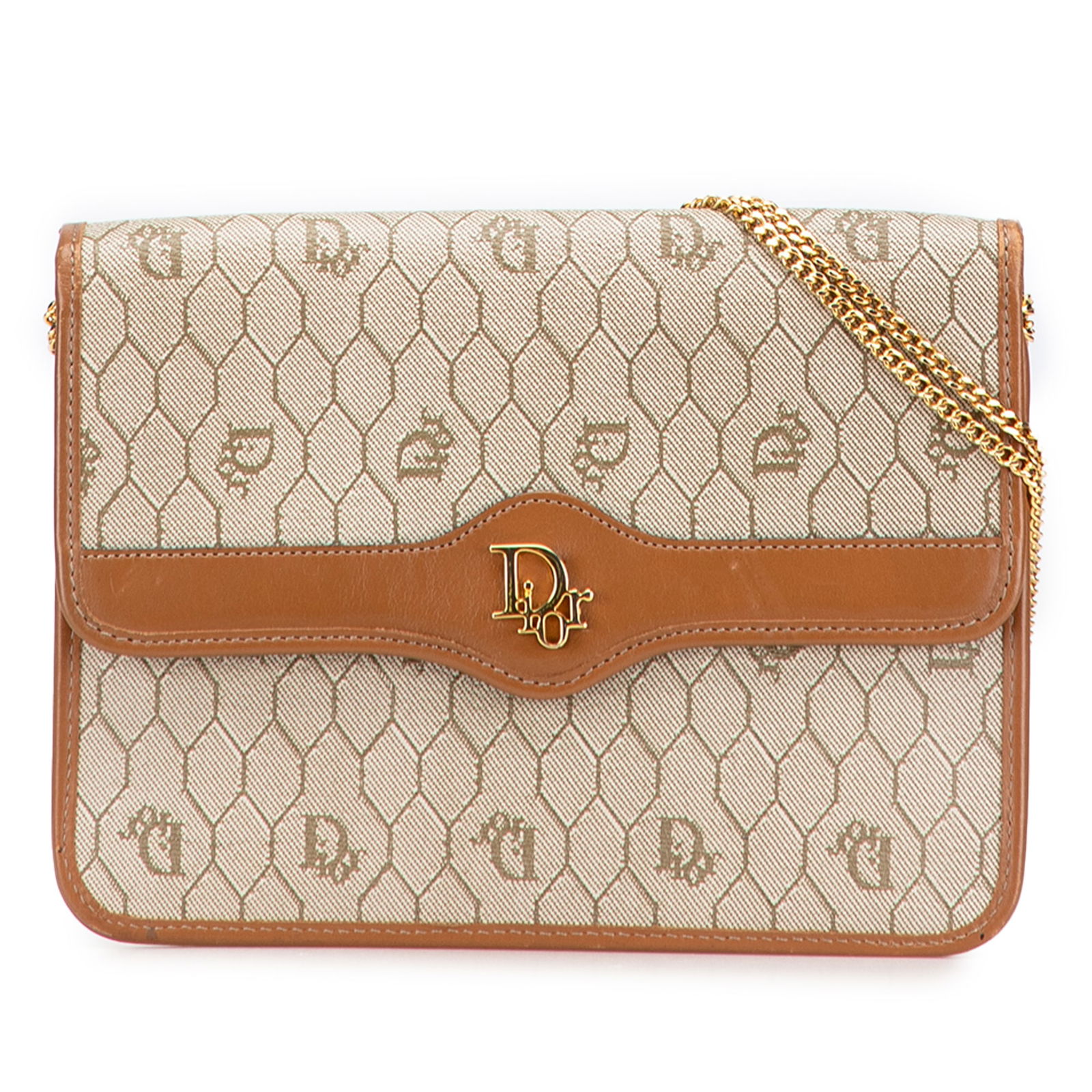 Dior Honeycomb Coated Canvas Shoulder Bag with Gold Chain: Dior Honeycomb Coated Canvas Shoulder Bag with Gold Chain Elevate your accessory collection with the Dior Honeycomb Coated Canvas Chain Shoulder Bag. This stylish shoulder bag is crafted from coated c