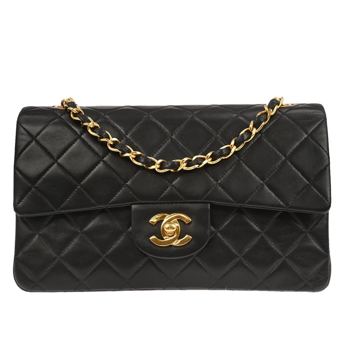 Small Classic Double Flap Black Lambskin Shoulder Bag by Chanel: Small Classic Double Flap Black Lambskin Shoulder Bag by Chanel This Chanel Small Classic Double Flap Shoulder Bag is crafted from black lambskin leather with a matelasse quilted pattern. It features
