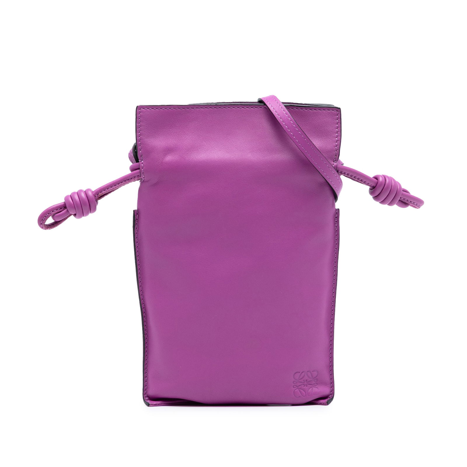 Loewe Flamenco Pocket Crossbody Bag in Purple Nappa Leather: Loewe Flamenco Pocket Crossbody Bag in Purple Nappa Leather This LOEWE Flamenco Pocket Crossbody bag is crafted from nappa leather in a purple hue. It features a flat leather strap and a drawstring cl