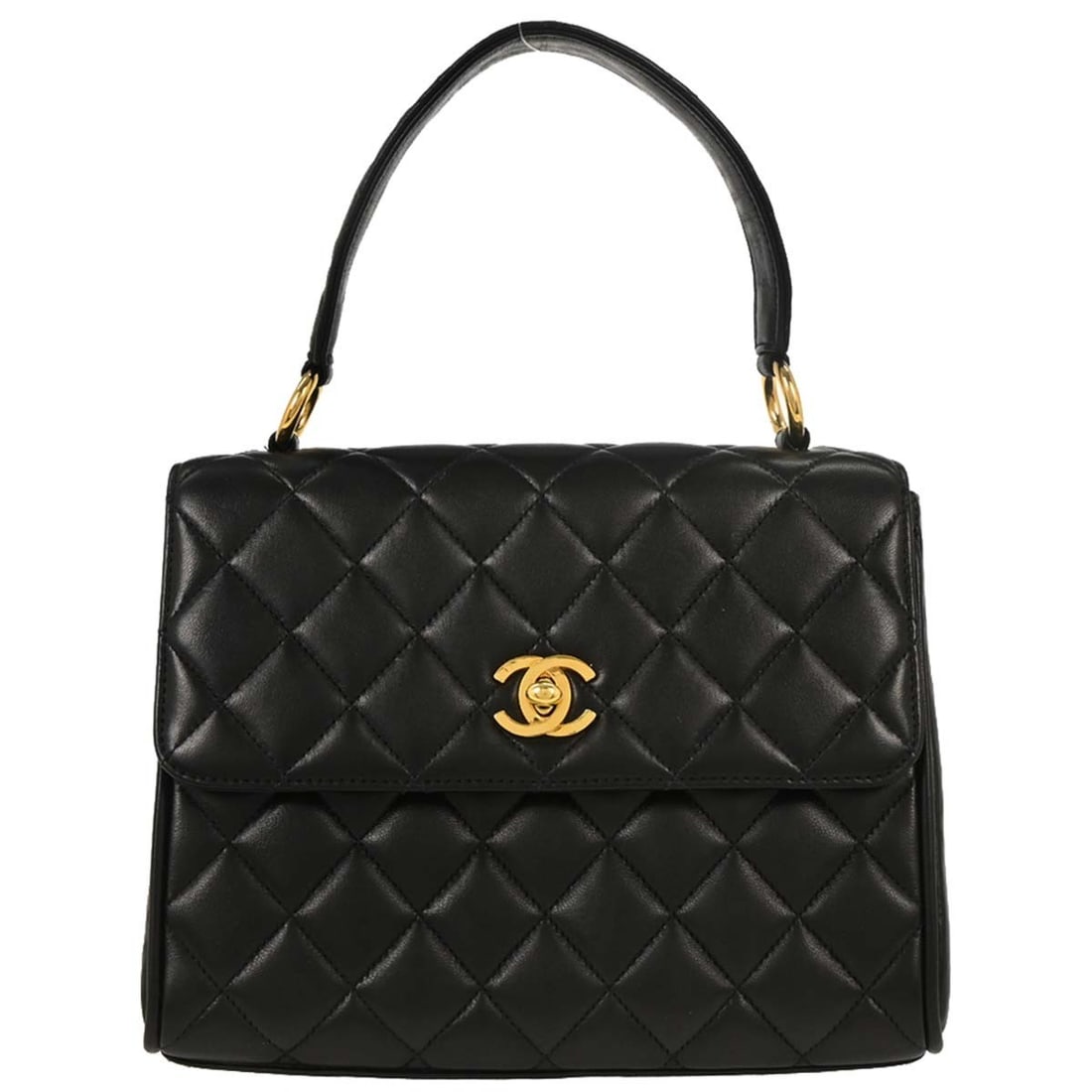 Chanel Black Lambskin Medium Top Handle Flap Handbag: Chanel Black Lambskin Medium Top Handle Flap Handbag This Chanel Black Lambskin Straight Flap Handbag is a stylish and functional accessory designed for everyday use. Crafted from high-quality leather