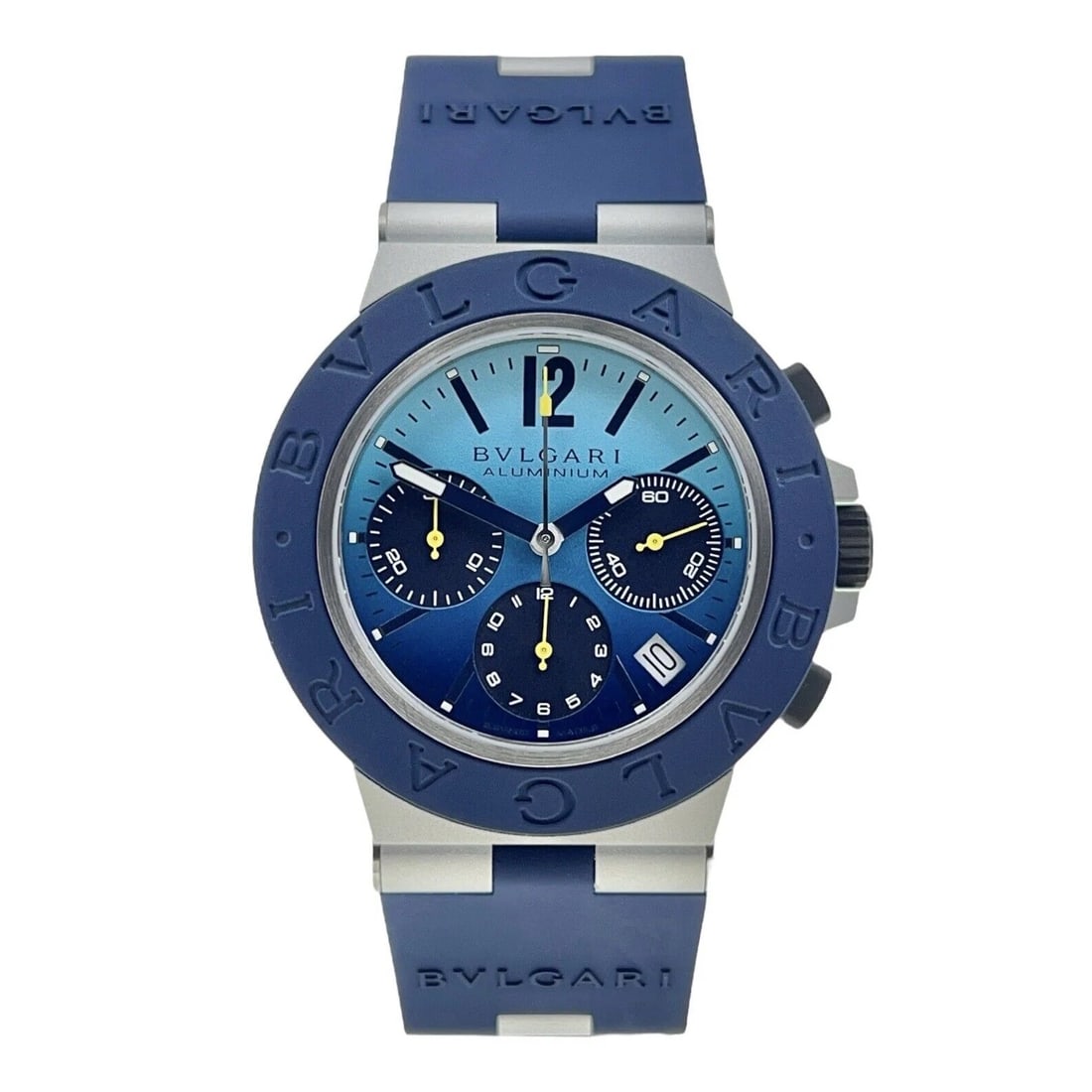 Bvlgari Aluminum BB40ATCH Mens Watch with Blue Dial and Rubber Bracelet: Bvlgari Aluminum BB40ATCH Mens Watch with Blue Dial and Rubber Bracelet This is a Bvlgari Aluminum men's watch featuring a blue dial and a rubber bracelet. The model reference is BB40ATCH from the Bvl