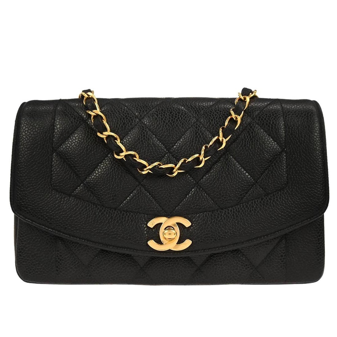 Small Diana Shoulder Bag in Black Calfskin Matelasse with Chain Strap: Small Diana Shoulder Bag in Black Calfskin Matelasse with Chain Strap This Chanel Small Diana shoulder bag is crafted from black calfskin leather featuring a matelasse quilted pattern. The bag is desi