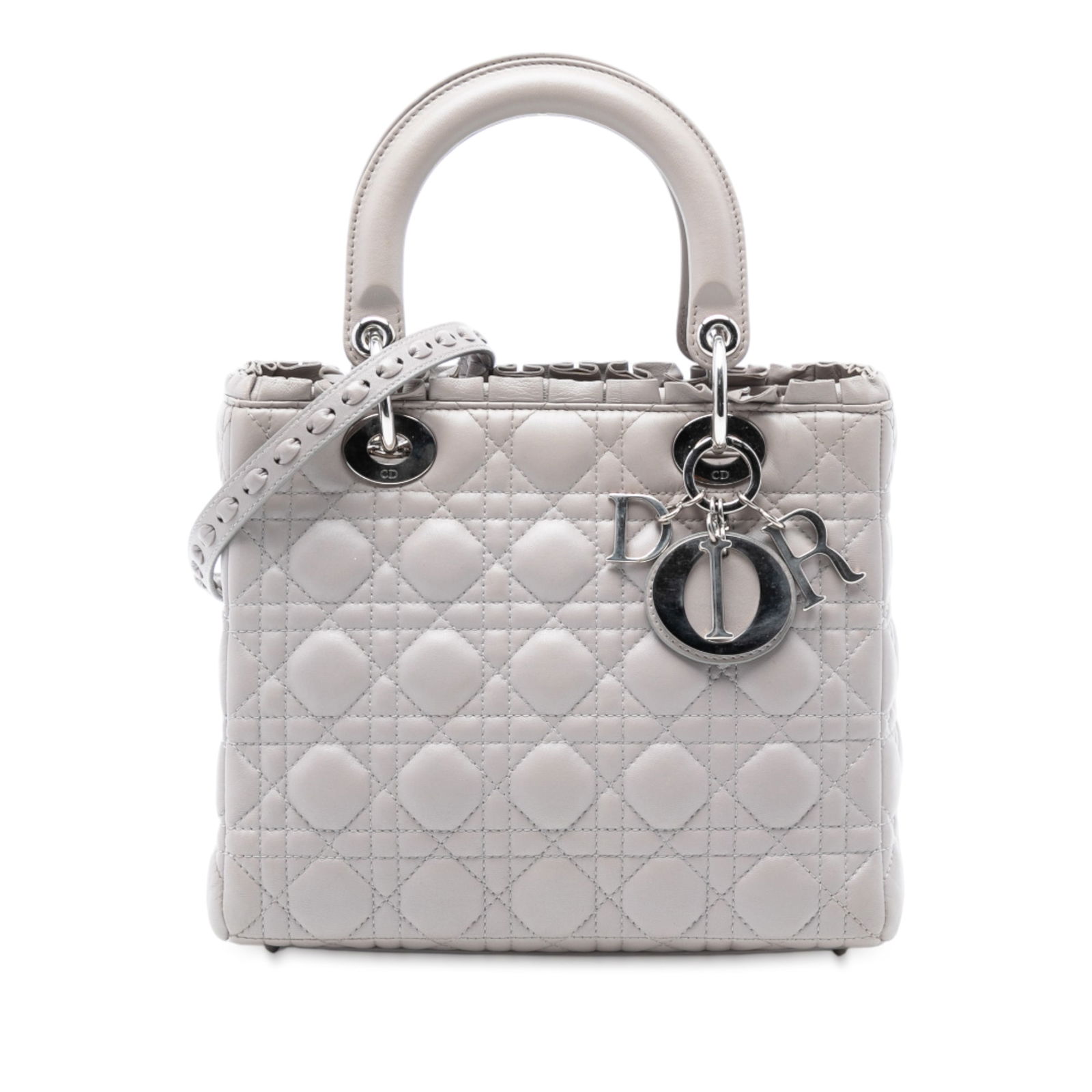 Dior Medium Lambskin Cannage Ruffle Handbag Gray: Dior Medium Lambskin Cannage Ruffle Handbag Gray Introducing the Medium Lambskin Cannage Ruffle Lady Dior, a sophisticated piece crafted from premium leather. This stylish handbag features flat leathe