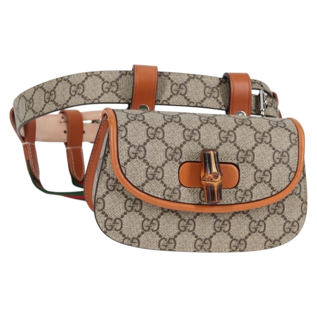 Bamboo 1947 Beige Belt Bag by Gucci in Coated Canvas: Bamboo 1947 Beige Belt Bag by Gucci in Coated Canvas This Gucci Bamboo 1947 Belt Bag is designed for women and crafted in beige GG coated canvas with PVC material. The bag features a bamboo accent and