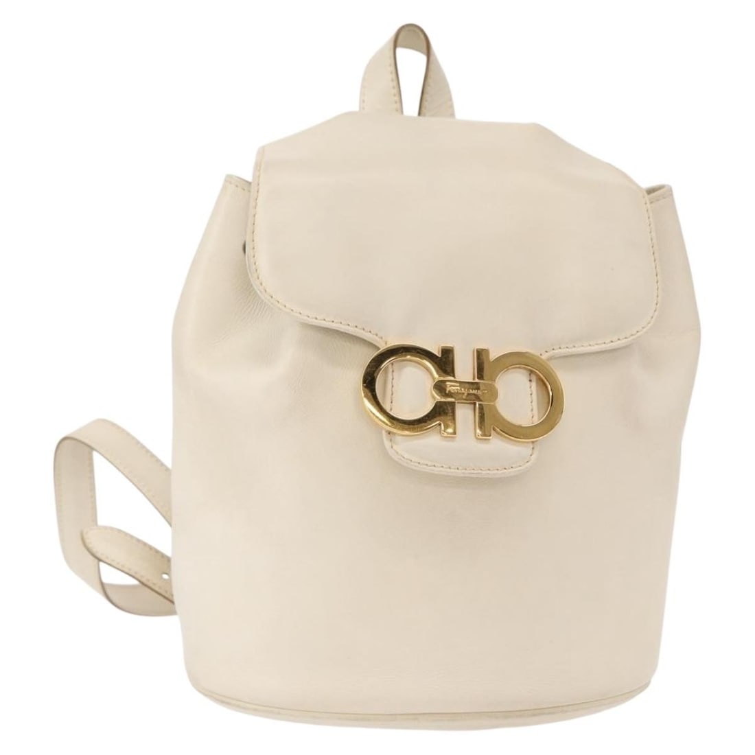 Salvatore Ferragamo Leather Gancini Flap Backpack for Women: Salvatore Ferragamo Leather Gancini Flap Backpack for Women This pre-owned Salvatore Ferragamo Gancini Flap Drawstring Backpack is crafted from white leather and designed for women. It features a comp