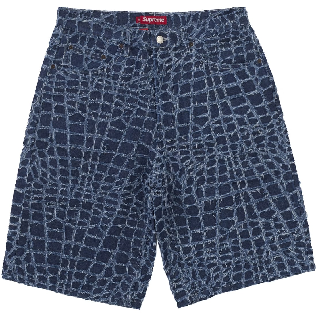 Indigo Denim Crocodile Pattern Baggy Shorts by Supreme: Indigo Denim Crocodile Pattern Baggy Shorts by Supreme These Supreme Frayed Croc Baggy Indigo Denim Shorts feature a bold frayed crocodile pattern and an indigo wash. Made from durable 100% cotton den