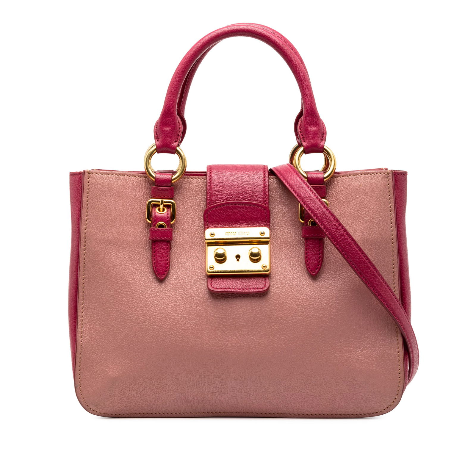 Pink Leather Madras Satchel by Miu Miu with Detachable Strap: Pink Leather Madras Satchel by Miu Miu with Detachable Strap This Miu Miu Bicolor Goatskin Madras Satchel features a two-tone goatskin leather exterior with rolled leather handles and a detachable fla