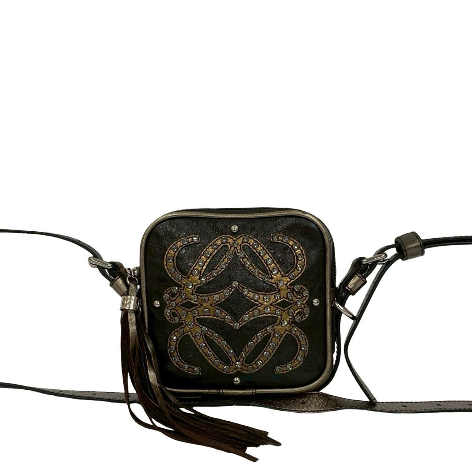 LOEWE Mini Jeweled Leather Crossbody Bag with Anagram and Tassel Detail: LOEWE Mini Jeweled Leather Crossbody Bag with Anagram and Tassel Detail This LOEWE Mini Jeweled Leather Anagram Tassel Crossbody features a black leather body with metallic leather trim and front stud