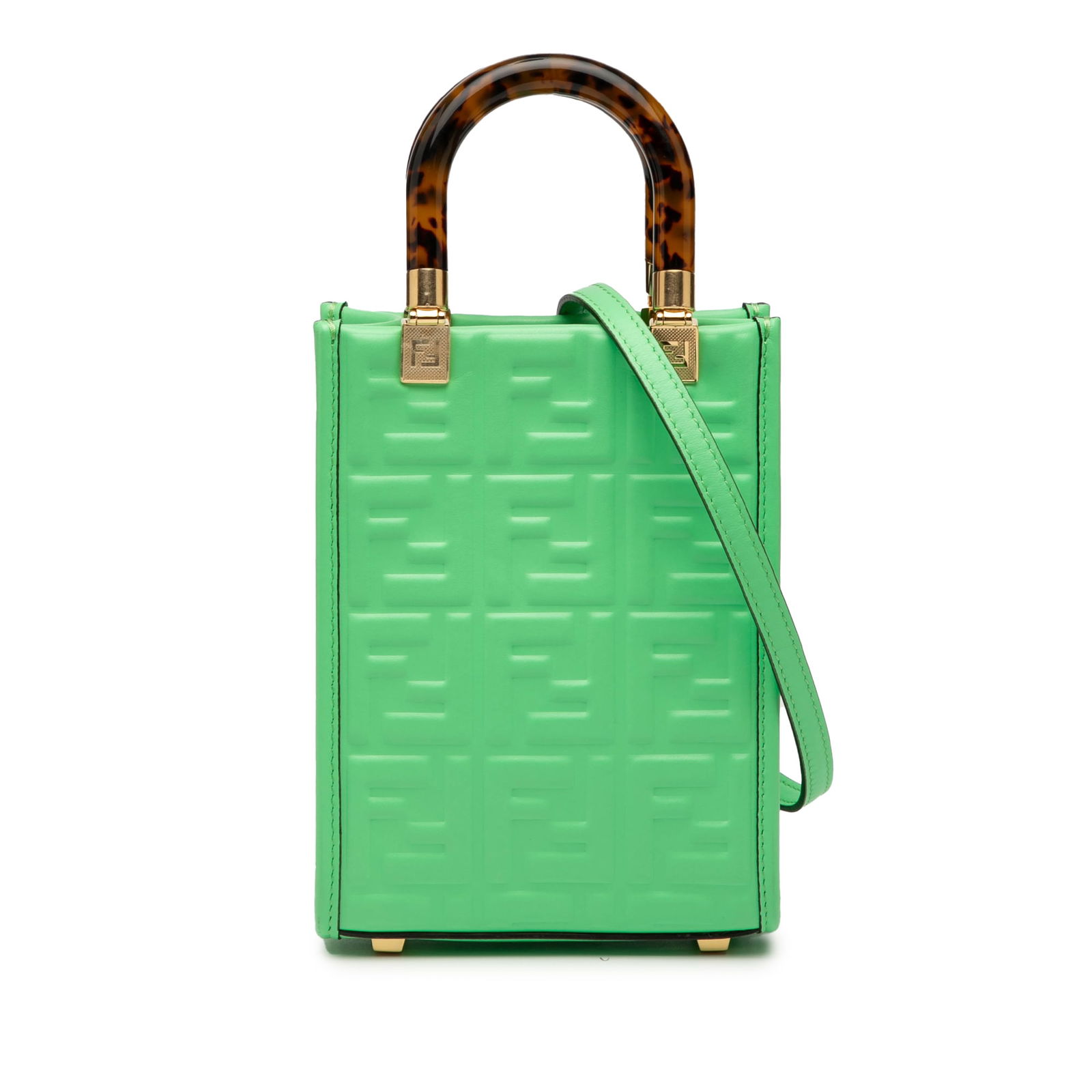 Fendi Mini Zucca Green Leather Sunshine Shopper Tote: Fendi Mini Zucca Green Leather Sunshine Shopper Tote The Fendi Mini Zucca Embossed Leather Sunshine Shopper Tote offers a chic and stylish accessory for any occasion. Crafted from high-quality embosse