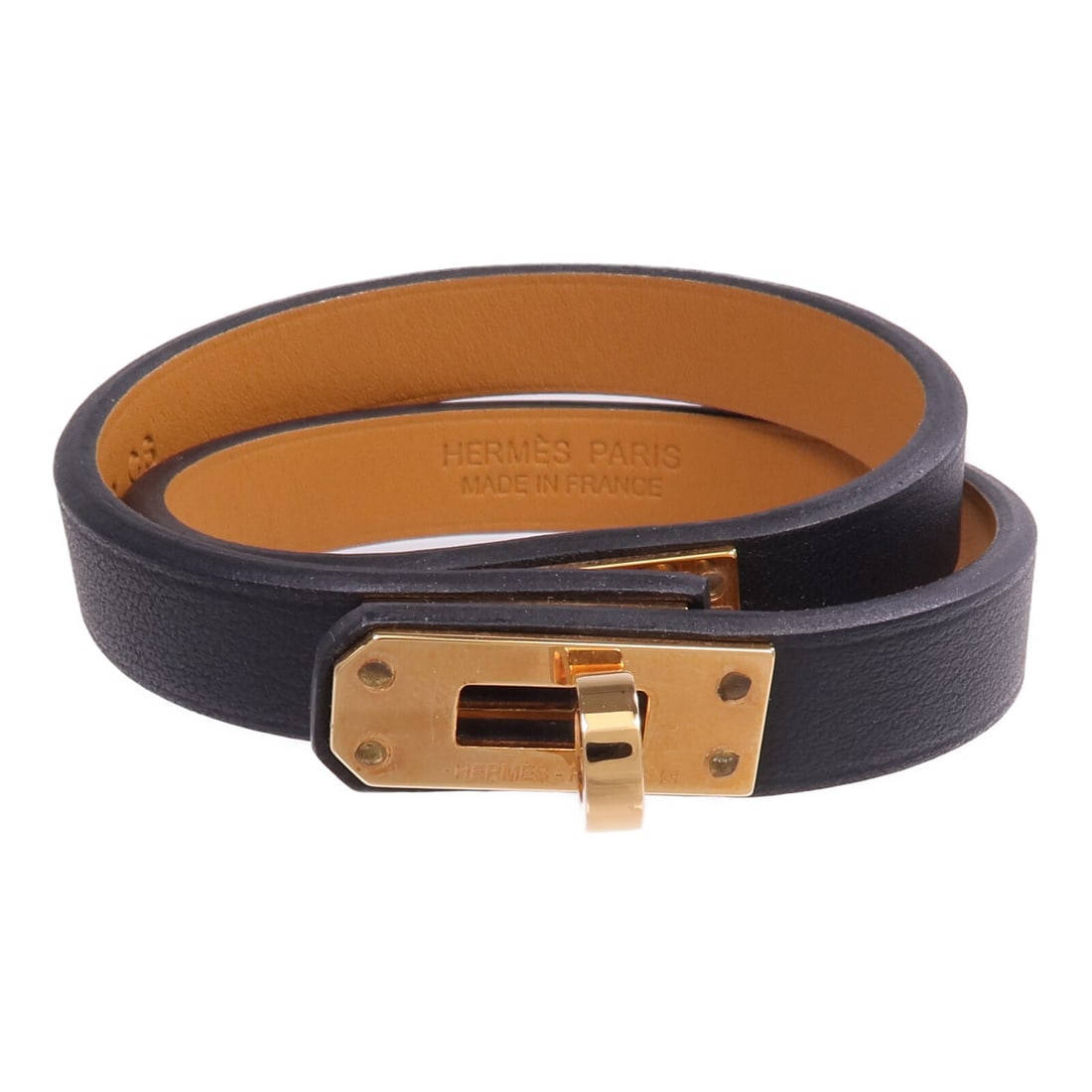 Hermes Mini Kelly Double Tour Black Calfskin Bracelet Gold Hardware: Hermes Mini Kelly Double Tour Black Calfskin Bracelet Gold Hardware This is a Hermes Mini Kelly Double Tour bracelet crafted from black Swift calfskin leather. The bracelet features a sleek design and