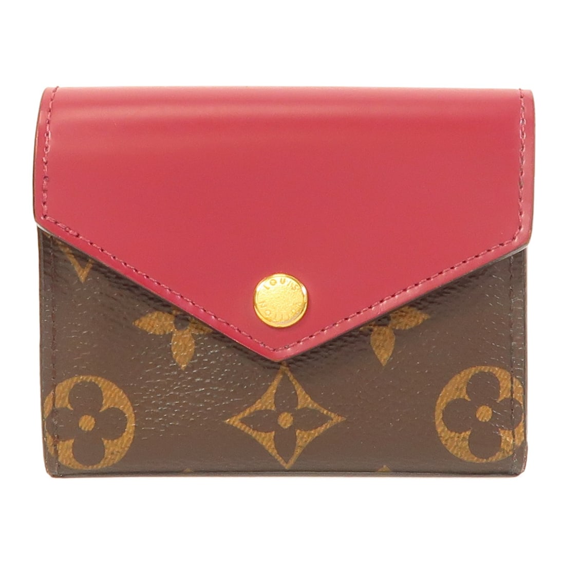 Louis Vuitton Zoe Monogram Wallet with Gold Tone Hardware in Fuchsia Brown: Louis Vuitton Zoe Monogram Wallet with Gold Tone Hardware in Fuchsia Brown This is a Louis Vuitton Zoe tri-fold wallet crafted from PVC coated canvas in a fuchsia and brown monogram design. The wallet
