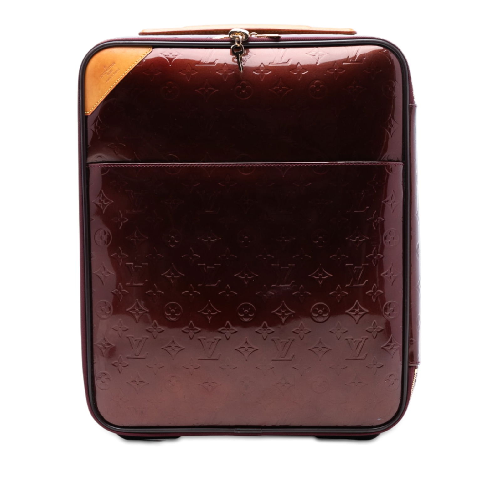 Louis Vuitton Pegase 45 Red Monogram Vernis Leather Suitcase With Wheels: Louis Vuitton Pegase 45 Red Monogram Vernis Leather Suitcase With Wheels The Louis Vuitton Monogram Vernis Pegase 45 is a travel bag crafted from monogram vernis leather. It features a flat vachetta l