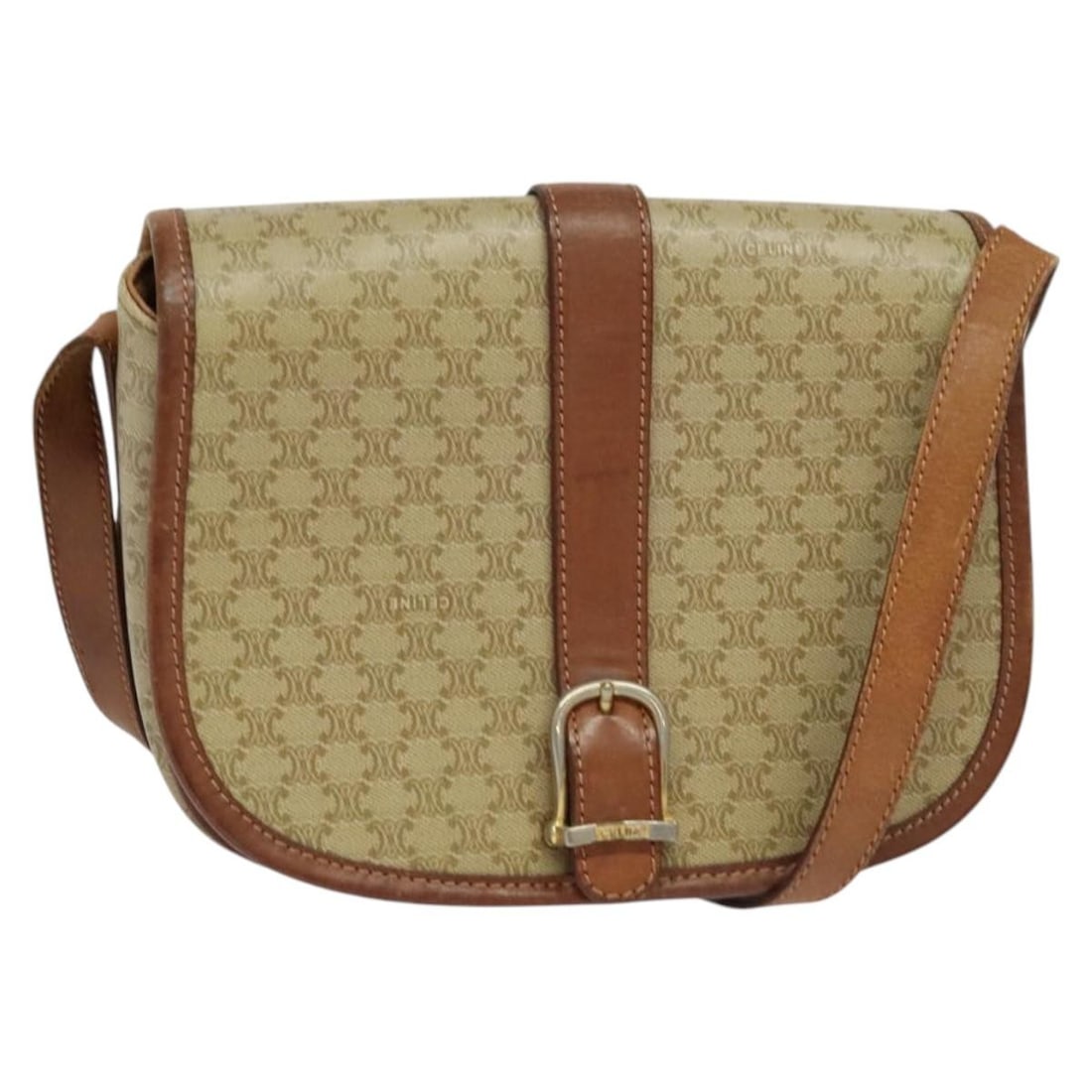 Beige Celine Macadam Canvas Shoulder Bag 21cm by 16cm by 7cm: Beige Celine Macadam Canvas Shoulder Bag 21cm by 16cm by 7cm This Celine Macadam Shoulder Bag is designed for women and crafted from beige canvas with leather details. It features a shoulder strap and