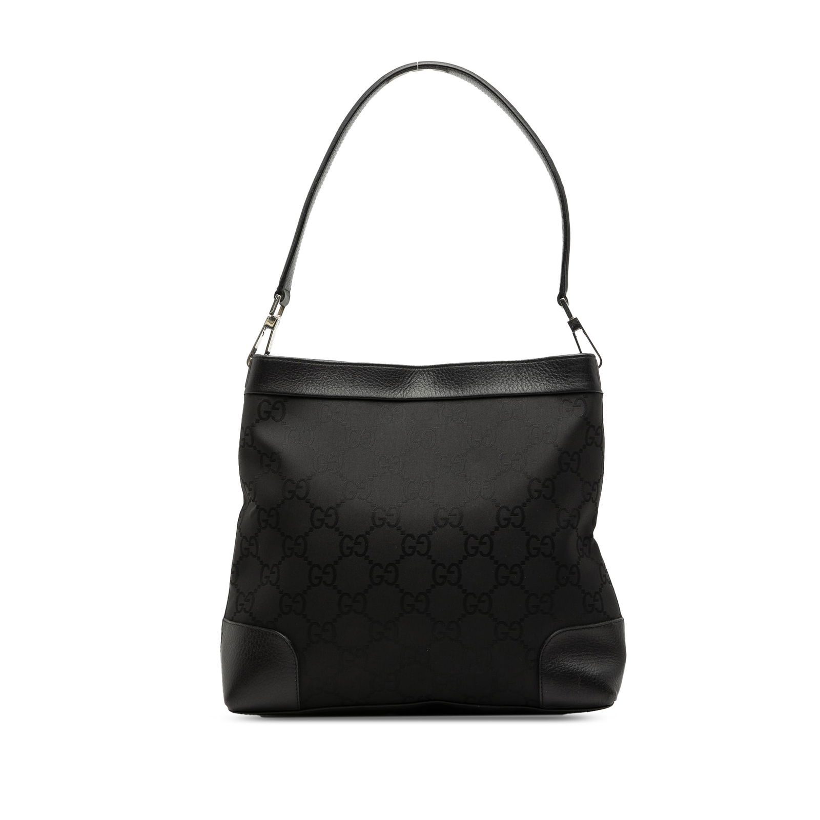 Black GG Nylon Shoulder Bag by Gucci with Leather Trim: Black GG Nylon Shoulder Bag by Gucci with Leather Trim This Gucci GG Nylon Shoulder Bag features a black nylon body with leather trim, a flat leather strap, an open top with a magnetic snap closure, a