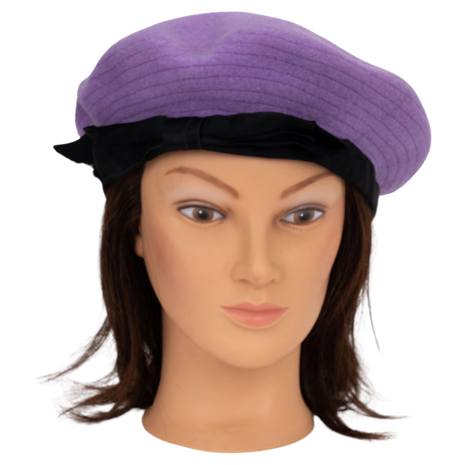 Chanel Lilac Wool Beret with Black Gros Grain Ribbon: Chanel Lilac Wool Beret with Black Gros Grain Ribbon Elevate your wardrobe with this exquisite Chanel lilac wool beret. Crafted from high-quality wool, this stylish accessory features a classic gros g