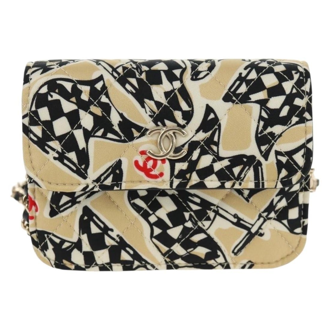 Beige Satin Chanel Flap Card Holder with Chain and Quilted Print: Beige Satin Chanel Flap Card Holder with Chain and Quilted Print This Chanel Flap Card Holder on Chain is crafted in beige satin with a quilted printed design. Designed for women, it features a compac
