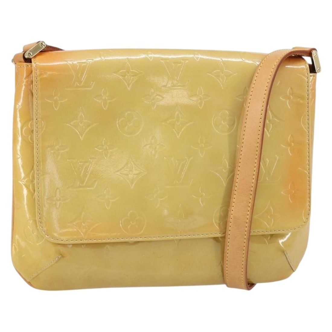 Thompson Street Yellow Patent Leather Shoulder Bag by Louis Vuitton: Thompson Street Yellow Patent Leather Shoulder Bag by Louis Vuitton This Louis Vuitton Thompson Street handbag features the signature Monogram Vernis in yellow patent leather. Designed for women, it o