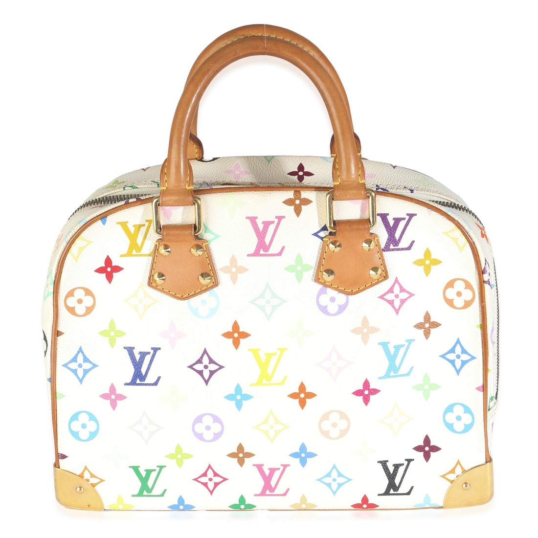 White Multicolor Canvas Trouville Top Handle Bag by Louis Vuitton: White Multicolor Canvas Trouville Top Handle Bag by Louis Vuitton This Louis Vuitton Trouville handbag features a white multicolor monogram coated canvas exterior with gold-tone hardware and a red mic