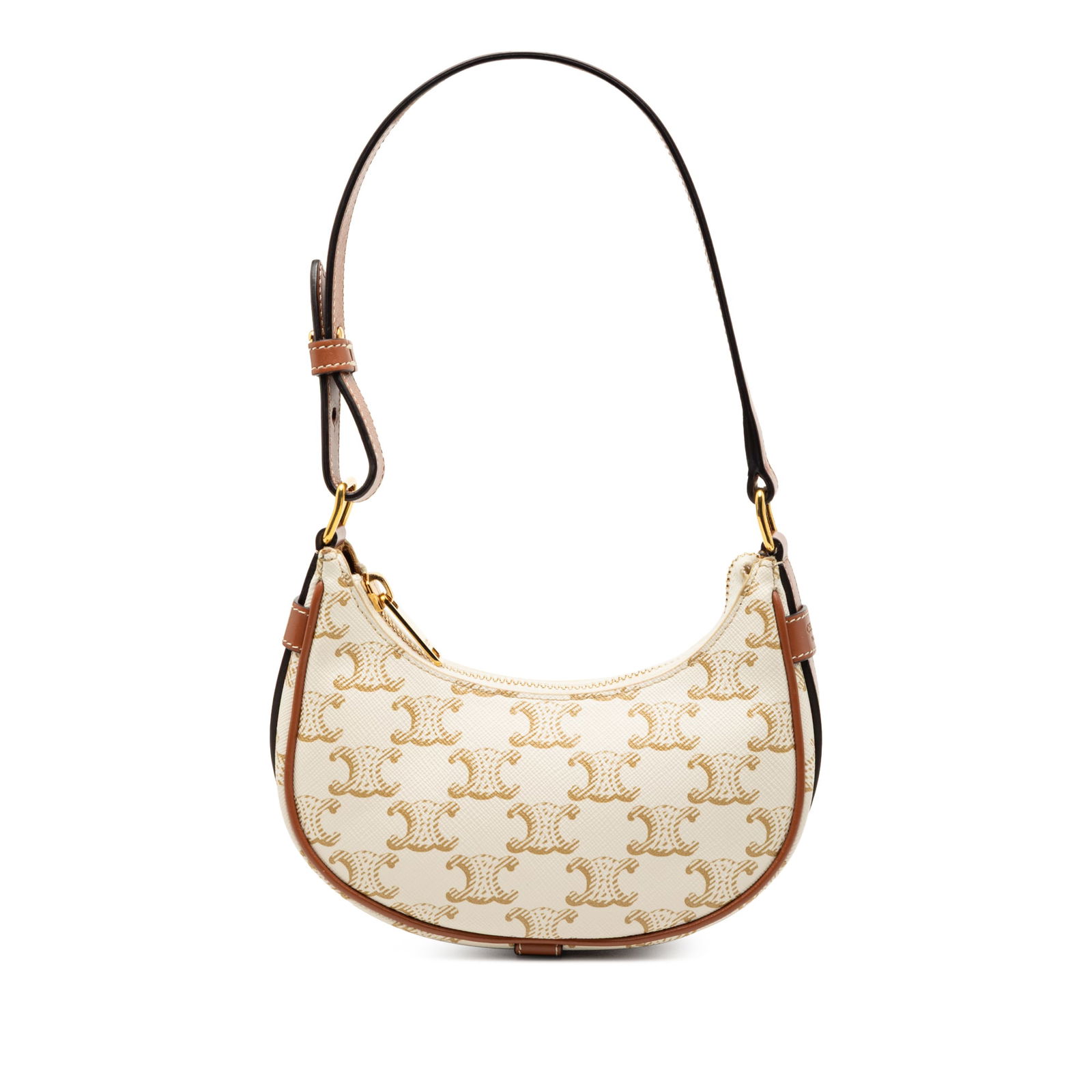 Celine Mini Triomphe Ava White Coated Canvas Shoulder Bag: Celine Mini Triomphe Ava White Coated Canvas Shoulder Bag This Celine Mini Triomphe Ava Shoulder Bag features a coated canvas body with leather trim, a flat leather strap, a top zip closure, and an in