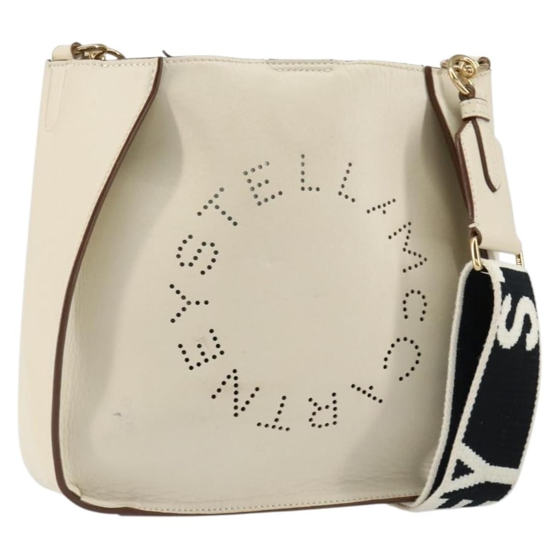 Beige Perforated Faux Leather Crossbody Bag by Stella McCartney: Beige Perforated Faux Leather Crossbody Bag by Stella McCartney This Stella McCartney Logo Crossbody Bag is crafted from beige perforated faux leather, designed for female use. It features a shoulder