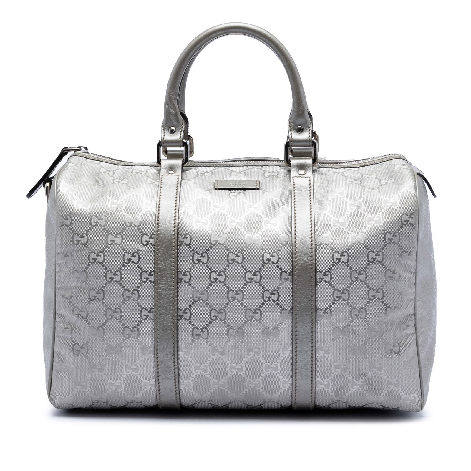 Gucci Joy Boston Medium Silver Canvas Bag with Leather Trim: Gucci Joy Boston Medium Silver Canvas Bag with Leather Trim This Gucci Medium GG Imprime Joy Boston Bag features a coated canvas body with leather trim, rolled leather handles, a top zip closure, and