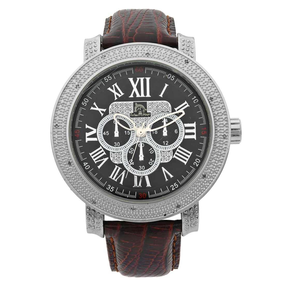 Techno Master Quartz Mens Watch Genuine Diamonds Black Dial Stainless Steel: Techno Master Quartz Mens Watch Genuine Diamonds Black Dial Stainless Steel This Techno Master wristwatch features a striking black dial adorned with genuine diamonds, perfectly complemented by a slee