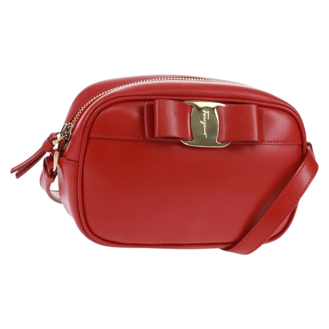 Red Leather Salvatore Ferragamo Shoulder Bag with Gold Accents: Red Leather Salvatore Ferragamo Shoulder Bag with Gold Accents This Salvatore Ferragamo shoulder bag features a red leather exterior with gold-tone accents. Crafted in Italy, it offers a compact and e
