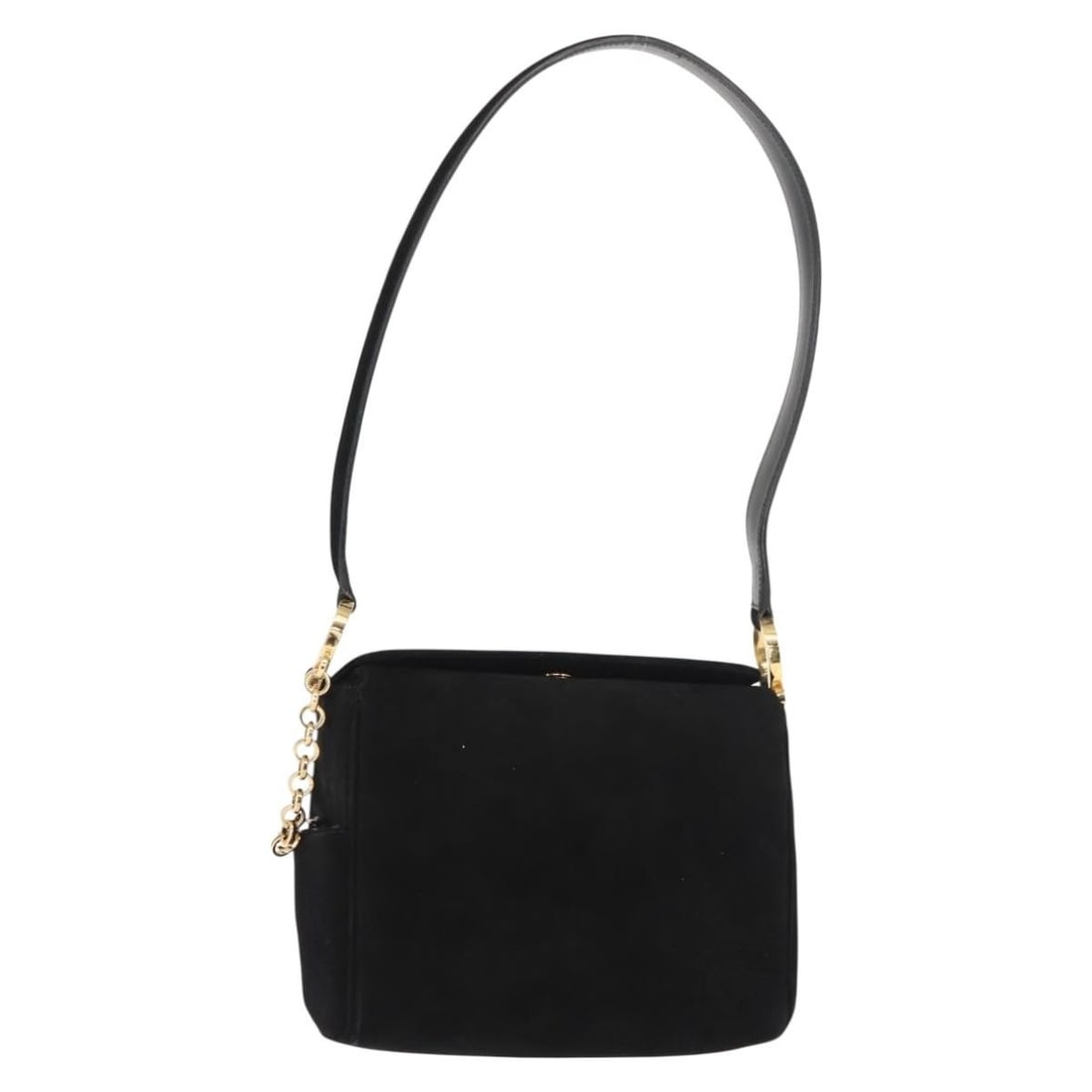 Salvatore Ferragamo Gancini Black Suede Shoulder Purse: Salvatore Ferragamo Gancini Black Suede Shoulder Purse This Salvatore Ferragamo Gancini shoulder bag for women features black suede material and a compact design. It is pre-owned with minor signs of u