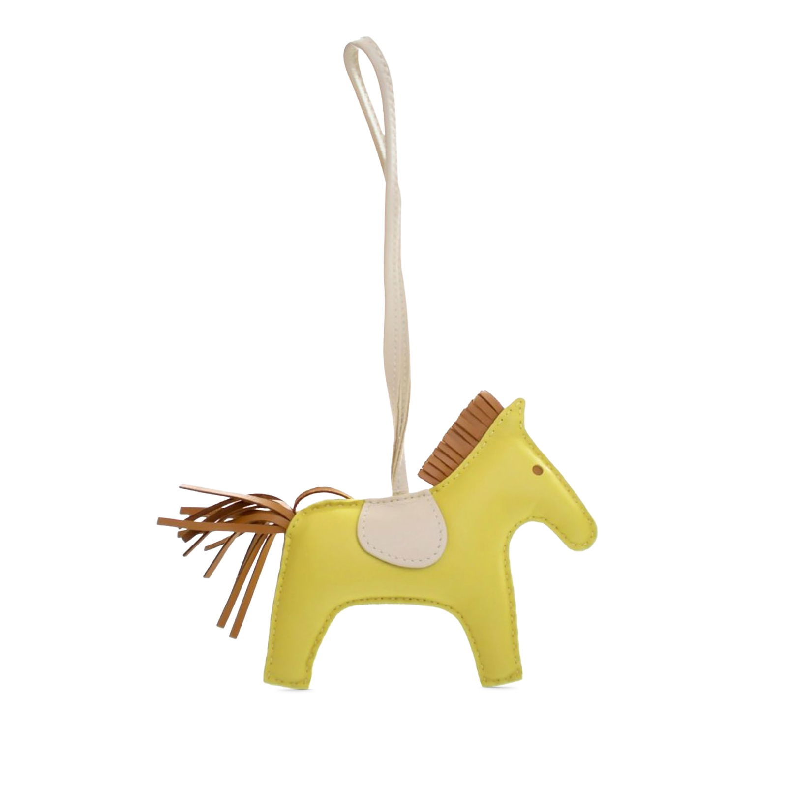 Lime Craie Sesame Lambskin Rodeo MM Bag Charm by Hermes: Lime Craie Sesame Lambskin Rodeo MM Bag Charm by Hermes The Hermes Milo Lambskin Grigri Rodeo Bag Charm MM features a lambskin leather body in a combination of Lime, Craie, and Sesame colors with a fl