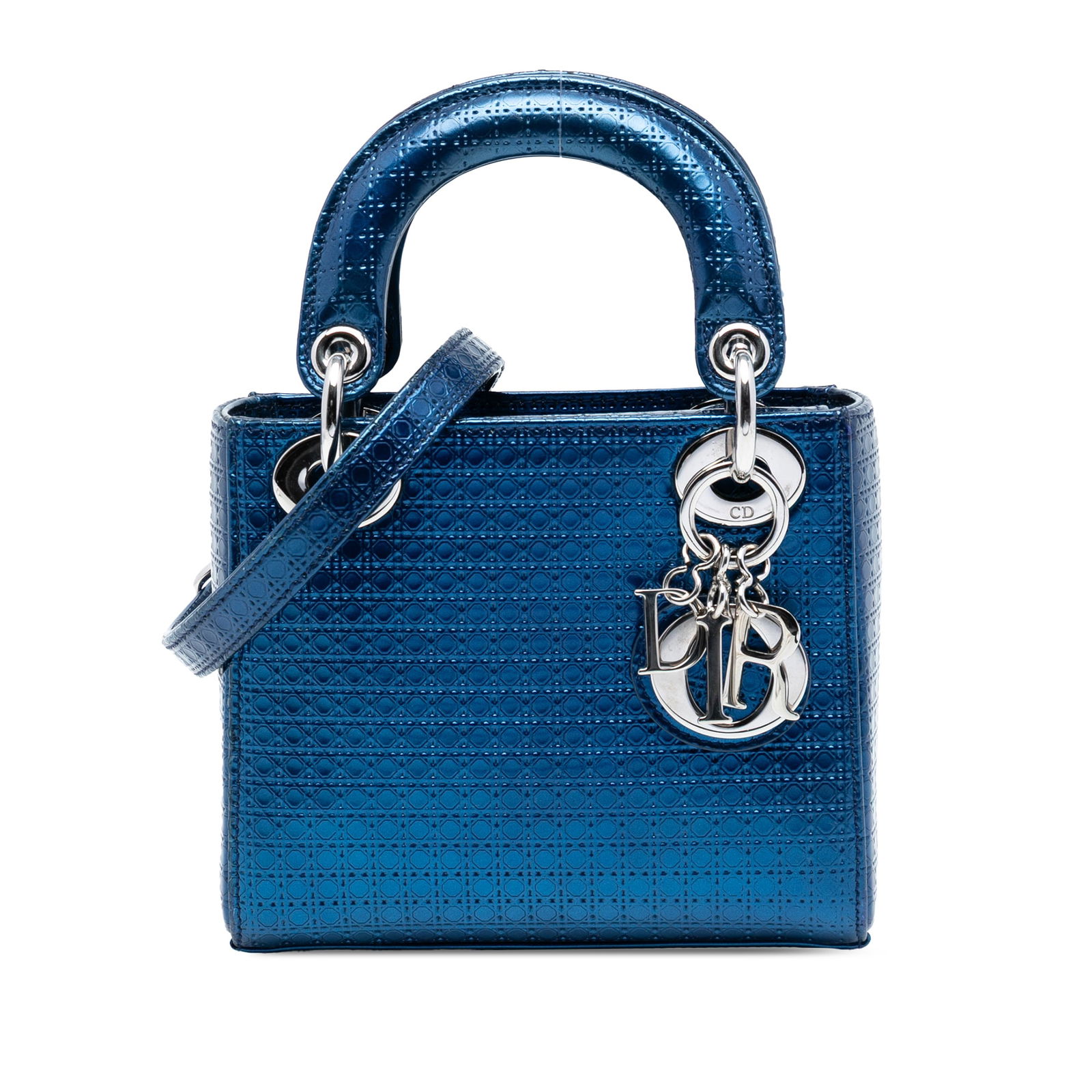 Dior Lady Dior Mini Blue Patent Leather Microcannage Bag with Shoulder Strap: Dior Lady Dior Mini Blue Patent Leather Microcannage Bag with Shoulder Strap This Mini Metallic Patent Microcannage Lady Dior handbag features a blue patent leather body with a distinctive microcannag