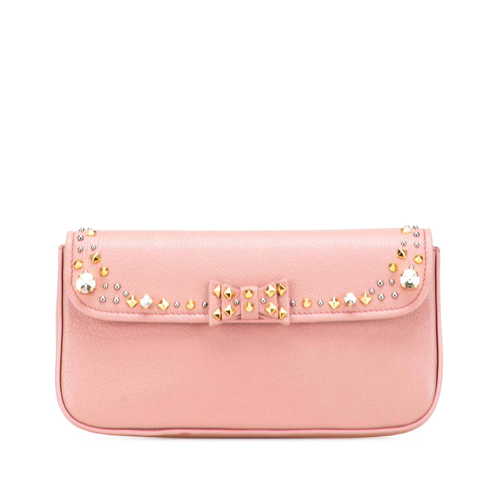 Miu Miu Pink Goatskin Madras Crystal Clutch Bag: Miu Miu Pink Goatskin Madras Crystal Clutch Bag Elevate your accessory collection with this stunning Miu Miu Goatskin Madras Crystal Studded Clutch. Crafted from luxurious studded goatskin leather, th