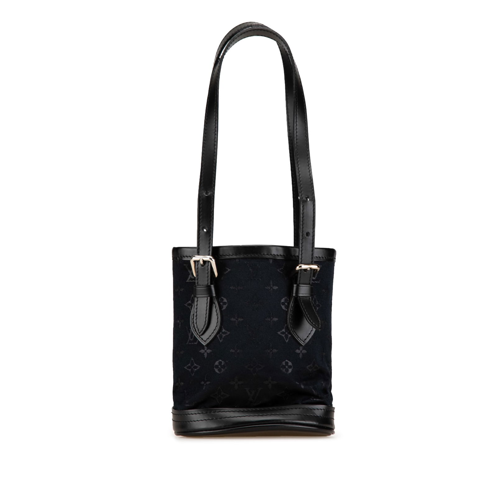 Louis Vuitton Monogram Mini Satin Bucket Bag Black Fabric: Louis Vuitton Monogram Mini Satin Bucket Bag Black Fabric This stylish Louis Vuitton Monogram Mini Satin Bucket bag showcases a chic monogram satin body complemented by leather trim. The design featur